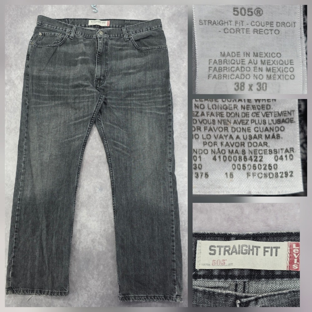Levis 505 Black Denim Jeans Straight Fit Mens 38x30 Faded Distressed fits 40x30